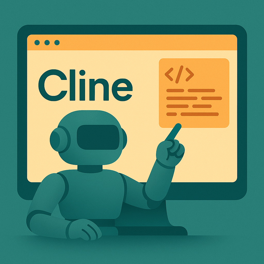 Cline AI coding assistant with robot pointing at code